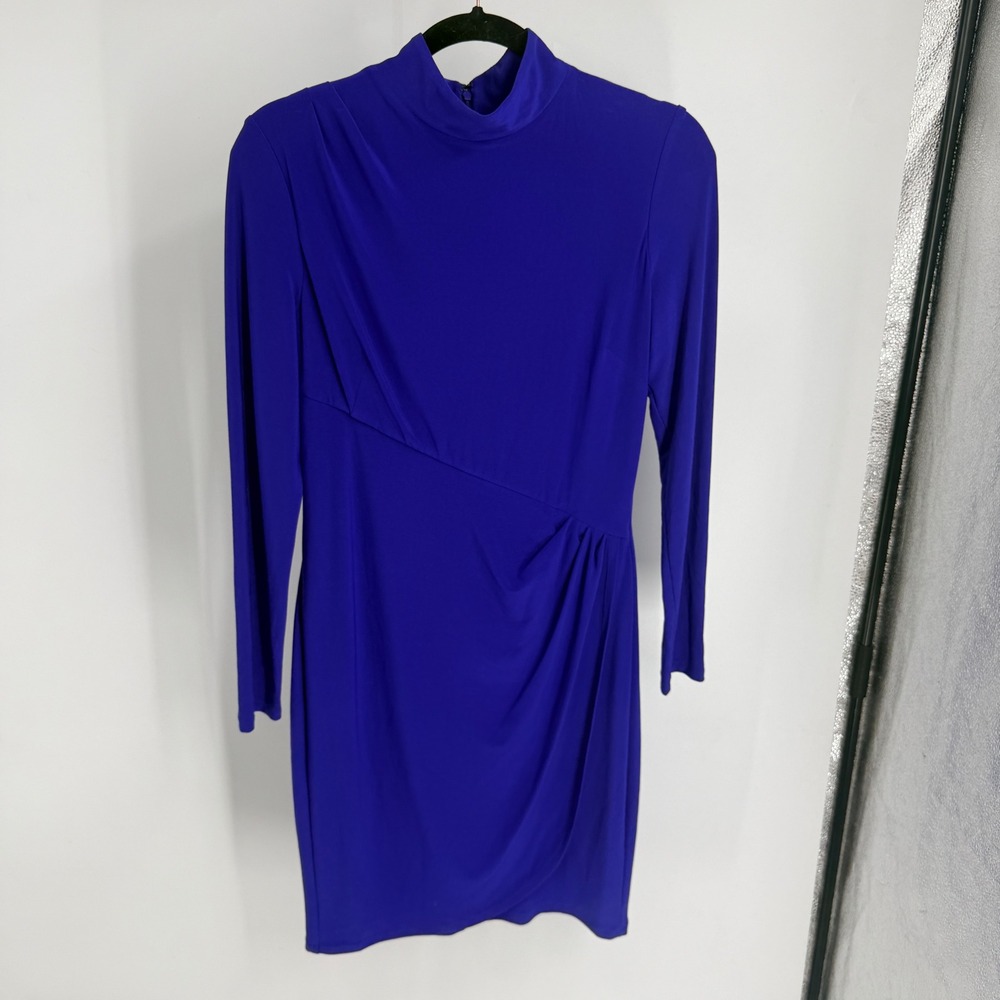 Lauren Ralph Lauren Royal Blue Mock Neck Pleated Draped Sheath Dress 8 Stretchy